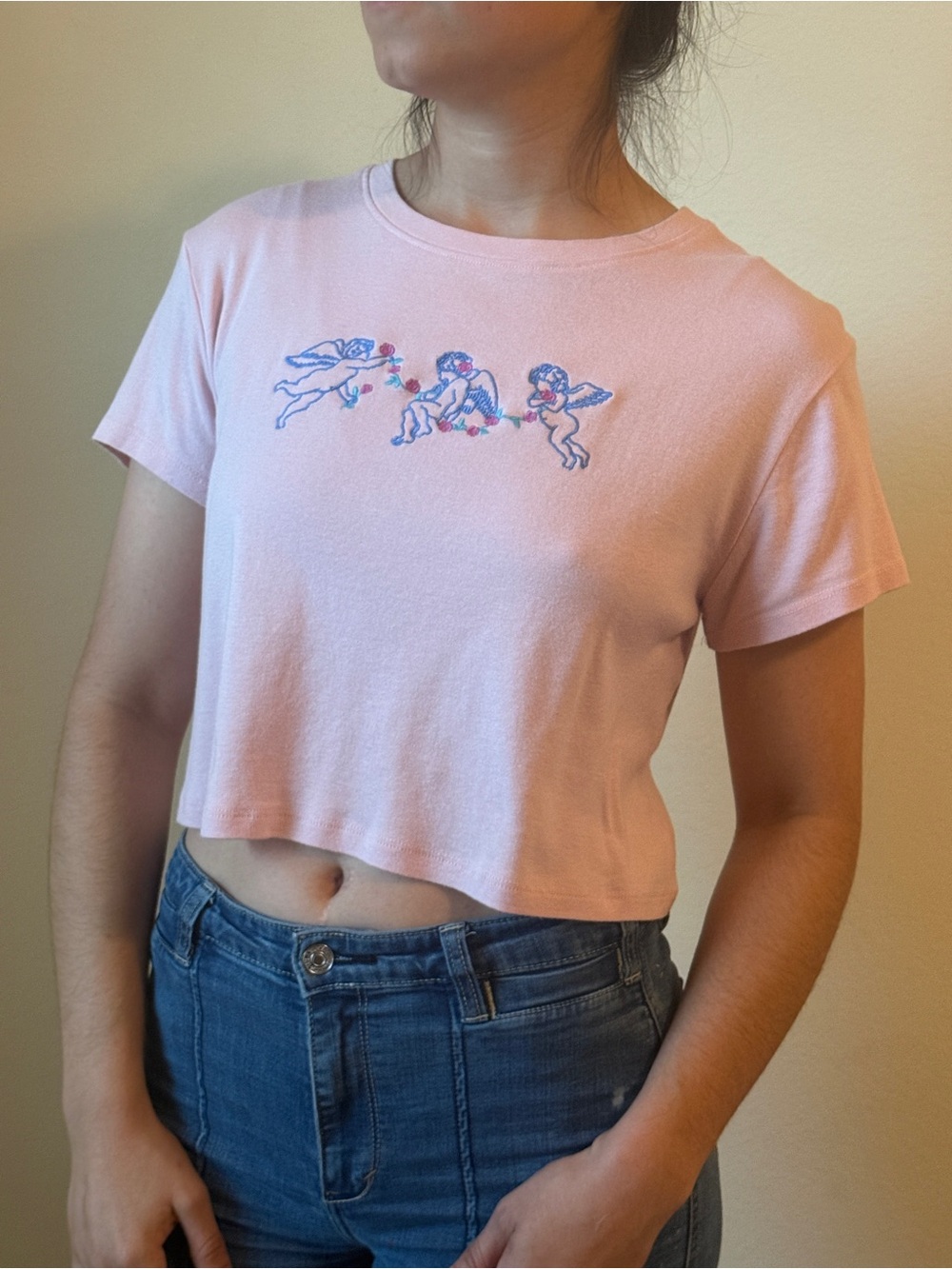 Light Pink Cropped Tee with Cherub with Flowers Embroidery
